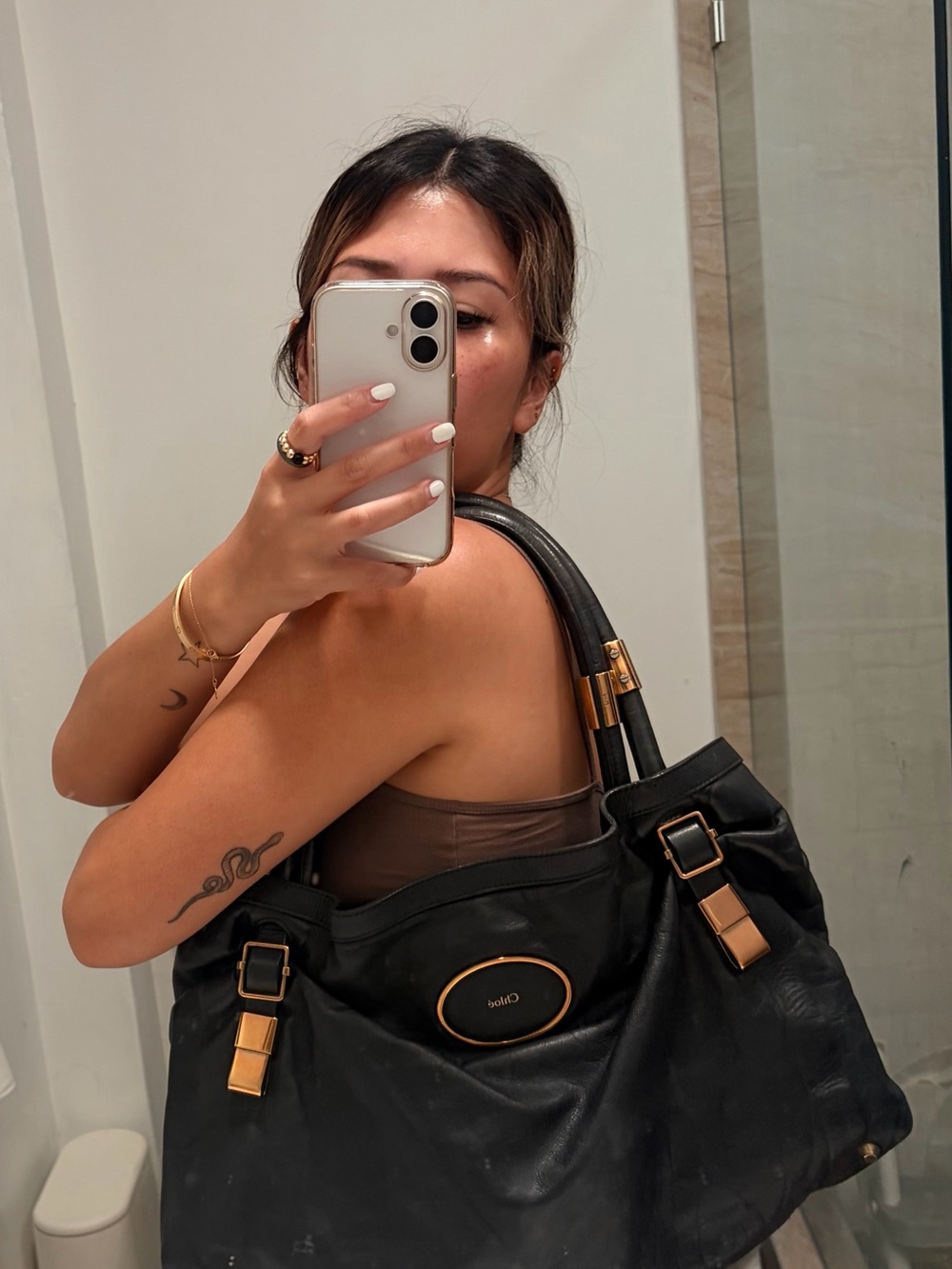 Chloé Black Leather Tote with Gold Accents - Picture 16 of 16